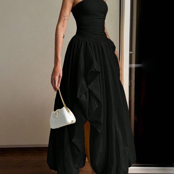 Black Elegant Women's Sexy Strapless Maxi Dress with Asymmetric Slit - Picture 10 of 10